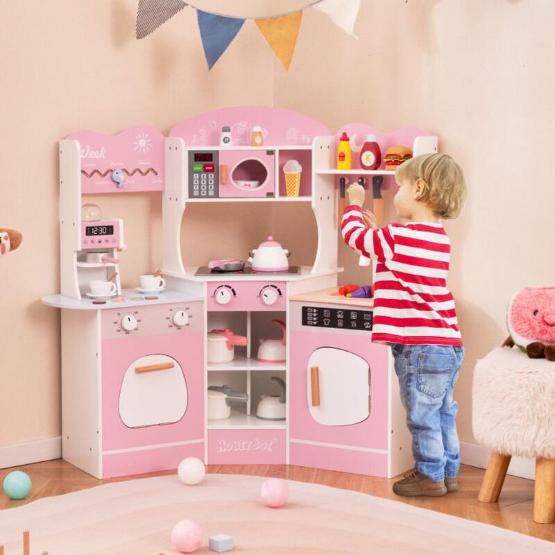 Hivvago Corner Wooden Play Kitchen with Coffee Machine and Slide for Kids