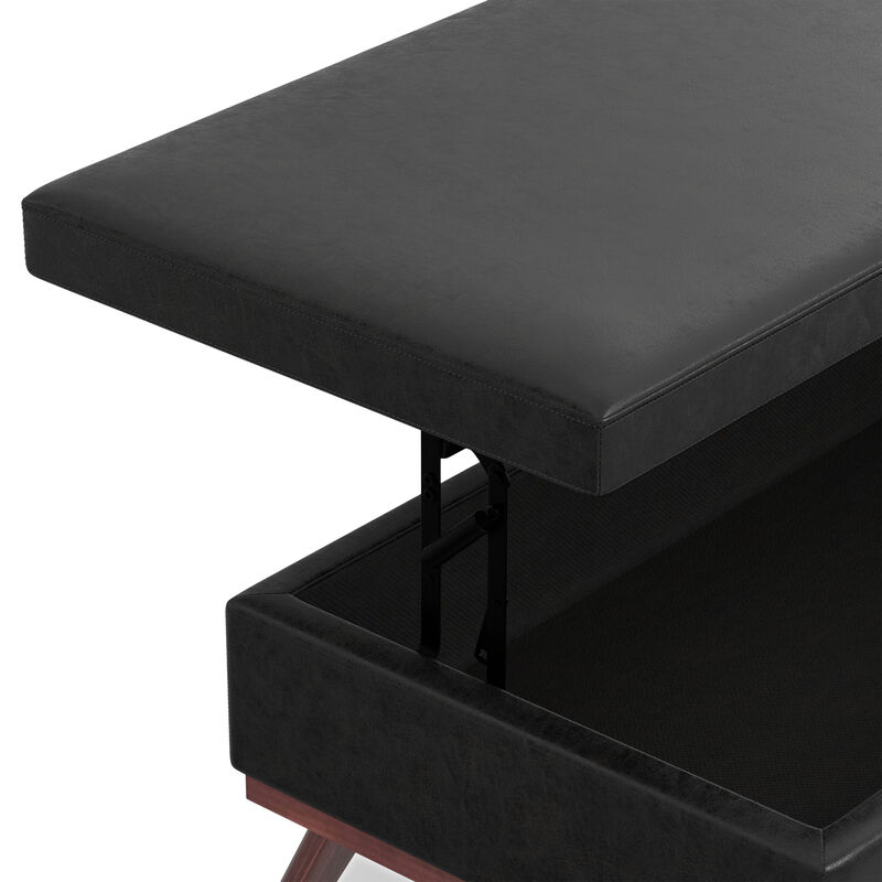 Owen 42 inch Wide Mid Century Modern Rectangle Lift Top Large Coffee Table Storage Ottoman in Distressed Black Vegan Faux Leather, Assembled image number 5
