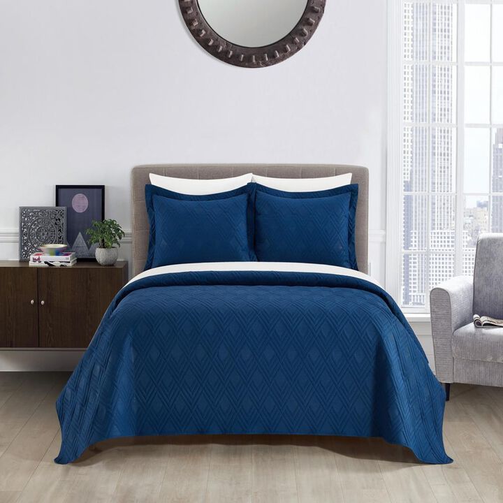 NY&C Home Marling 7 Piece Quilt Set Contemporary Geometric Diamond Pattern Bed In A Bag Bedding - Sheets Pillowcases Pillow Shams Included, King, Blue