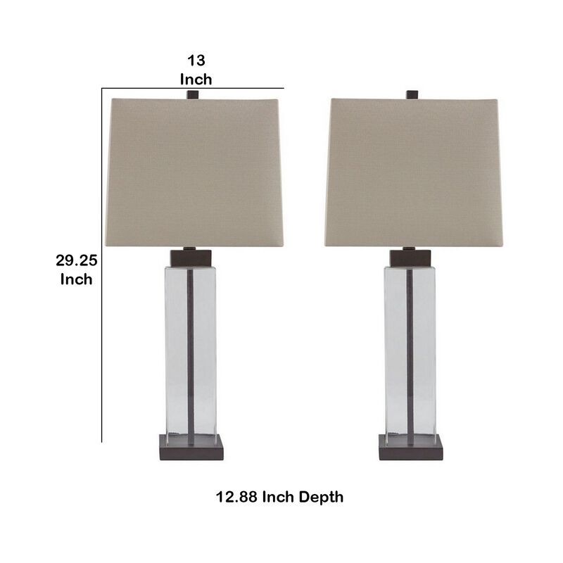 Glass and Metal Base Table Lamp with Square Shade, Set of 2, Clear and Gray-Benzara