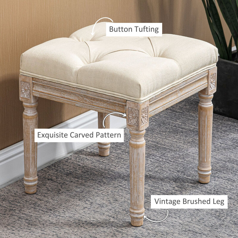 HOMCOM 16" Vintage Ottoman, Tufted Foot Stool with Upholstered Seat, Rustic Wood Legs for Bedroom, Living Room, Beige