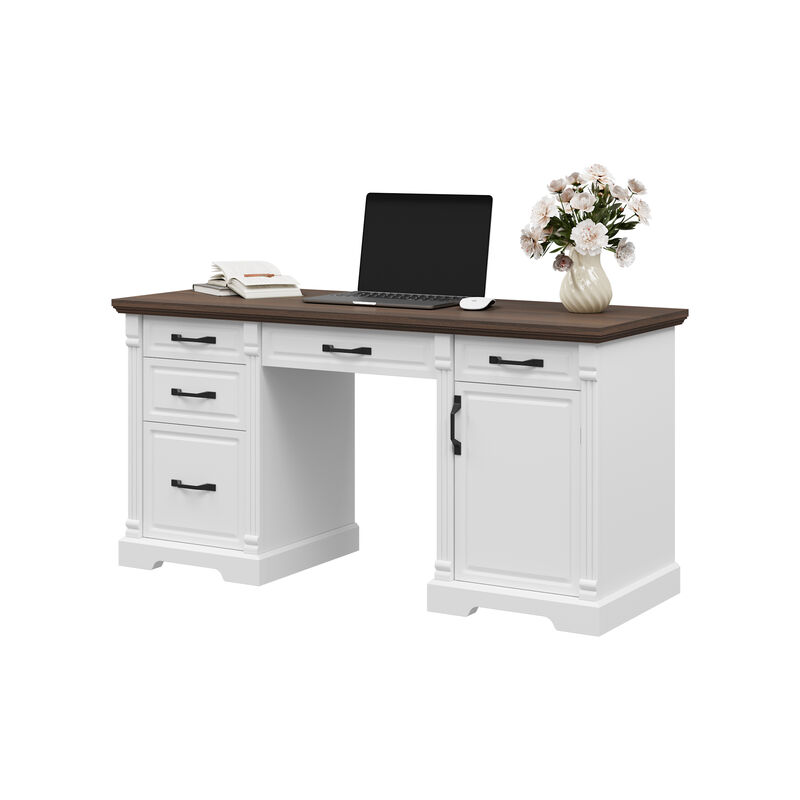 FUFU&GAGA Modern Office Desk with Five Drawers & Cabinet, White Frame & Deep Brown Wood Grain Top, Black Metal Handles, (59"W x 19.6"D x 29.9"H), White
