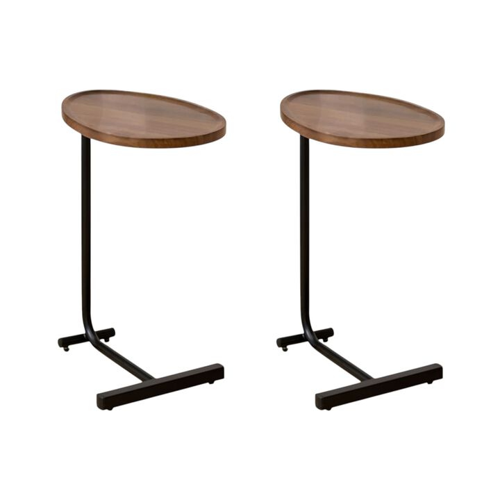 HomeRoots Set of Two Brown and Black Wood and Metal Oval End Tables