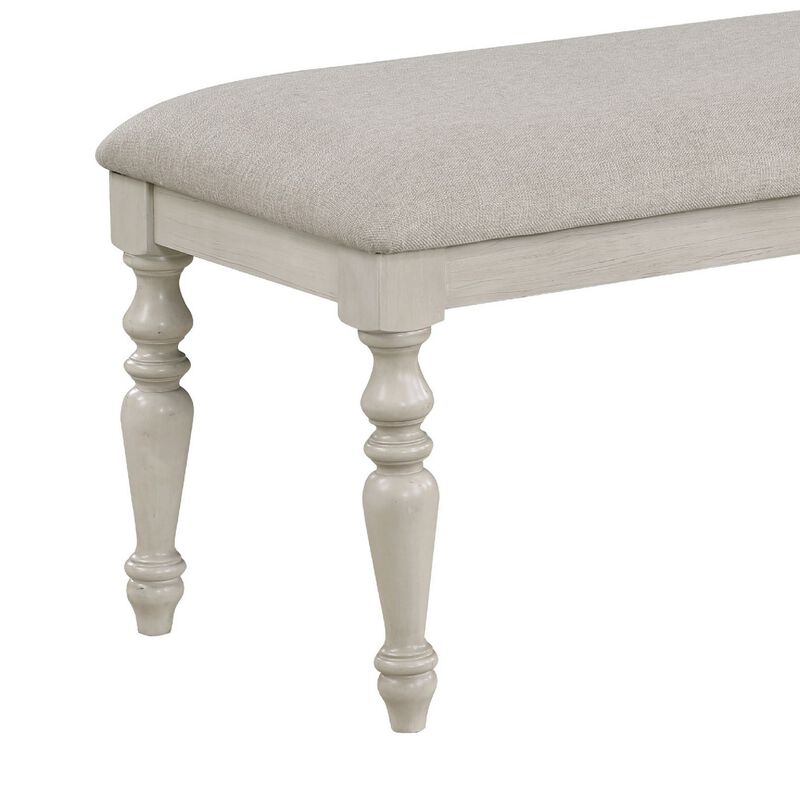 Katherine 48 Inch Bench with Fabric Seat and Turned Legs, White-Benzara