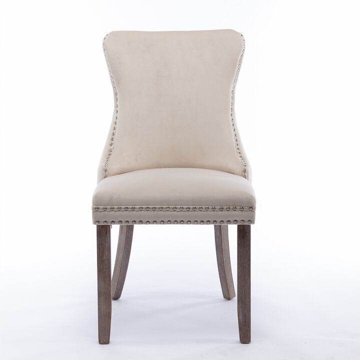 Streamdale 2 Beige Wingback Dining Chairs with Nailhead Trim & Wood Legs