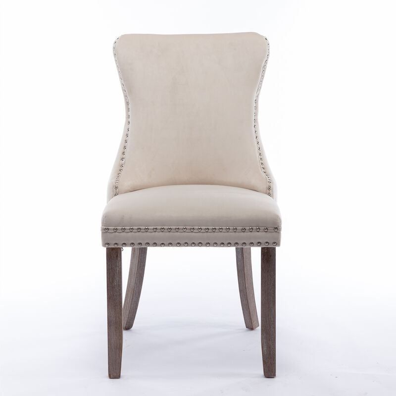 Streamdale 2 Beige Wingback Dining Chairs with Nailhead Trim & Wood Legs