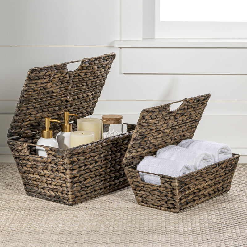 Wilder Classic Farmhouse Woven Hyacinth Rectangular Storage Baskets with Lids and Handles