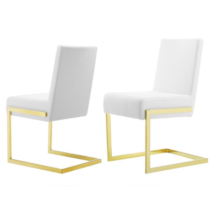19 Inch Dining Chair, Set of 2, White Vegan Leather, Gold Cantilever Base-Benzara