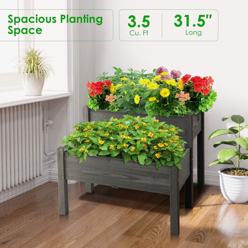 2 Tier Wooden Elevated Planter Box with Legs and Drain Holes for Balcony and Yard
