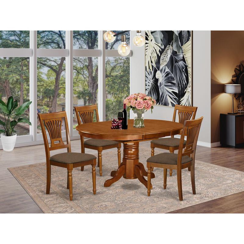East West Furniture AVPL5-SBR-C 5 Pc set Avon offering Leaf and 4 Fabric Kitchen Chairs in Saddle Brown