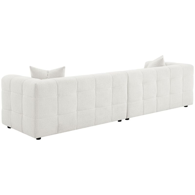 Lopo 114 Inch Long Sofa, Grid Tufted Off White Fabric 2 Accent Pillows