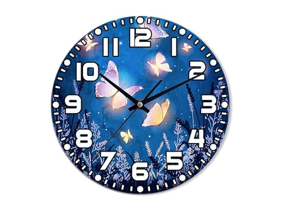 Glowing Butterflies Wood Wall Clock 10 Inch Silent Non Ticking Easy Read