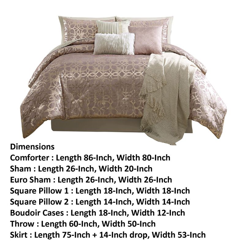 Eve 10 Piece Full Size Poly Velvet Comforter Set, Foil Pattern, Blush Pink - Benzara