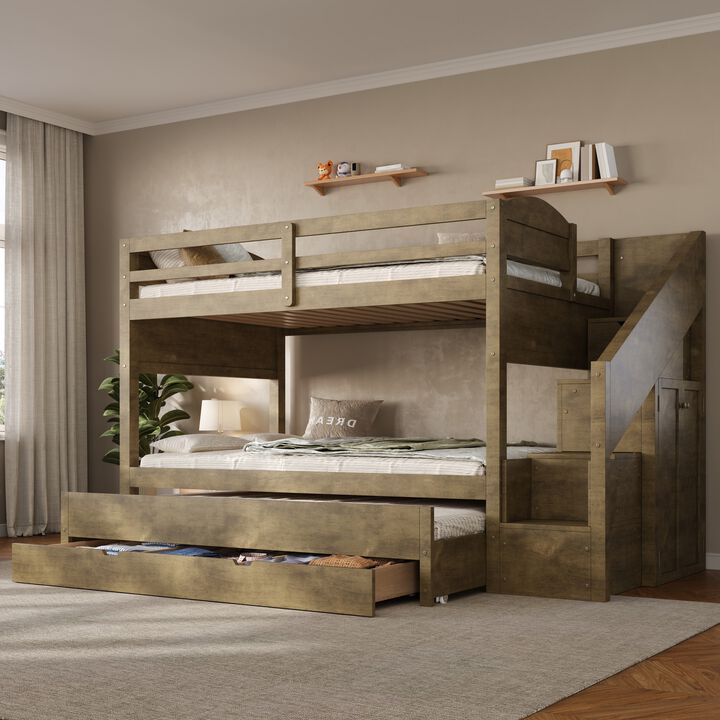 Merax Twin XL White Bunk Bed with Trundle, Storage Staircase, Drawers & Wardrobe