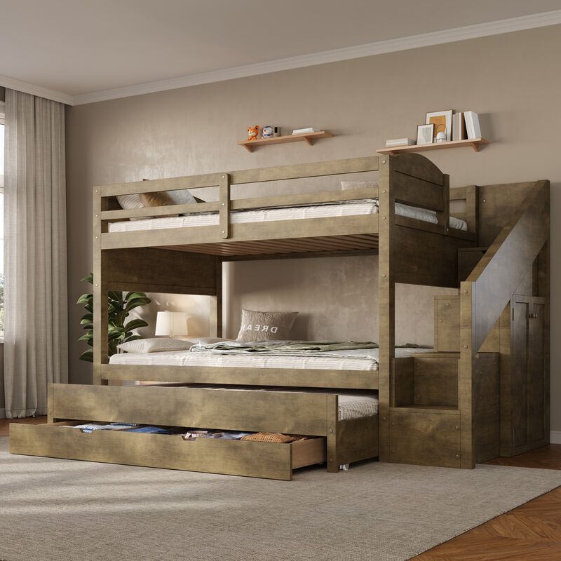 Merax Twin XL White Bunk Bed with Trundle, Storage Staircase, Drawers & Wardrobe image number 1
