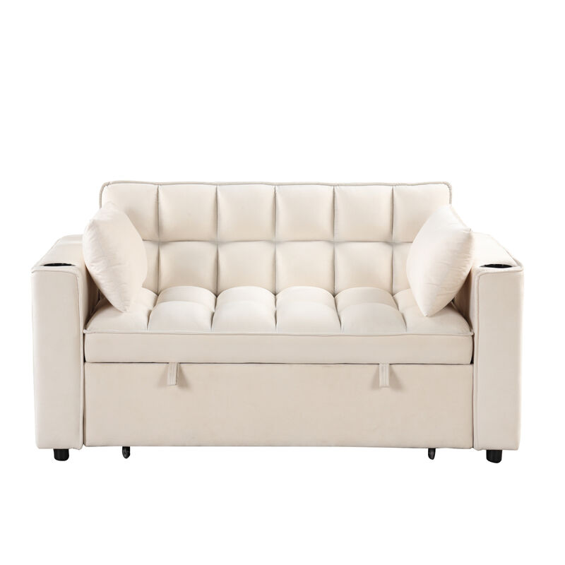 55.3" 41 Multifunctional Sofa Bed with Cup Holder and USB Port for Living Room or Apartments Milky White