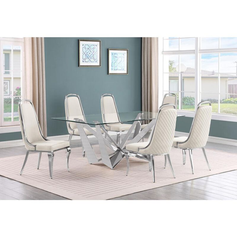 7pc Small(78") glass dining set with silver base and 6 Cream side chairs