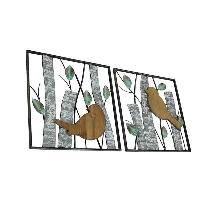 Set / 2 Rustic Green Wood & Metal Leaf Birds & Branches Wall Sculpture Art Decor