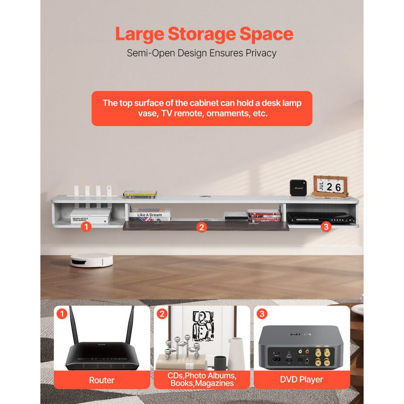Floating TV Stand with Storage Cabinet, Wall Mounted Entertainment Center with Cable Management-White image number 5