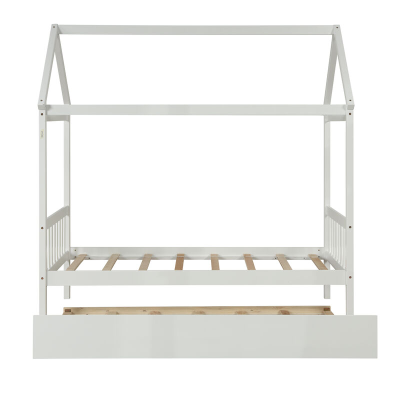 Whisen Solid Wood Twin House Bed Frame with Twin Size Trundle