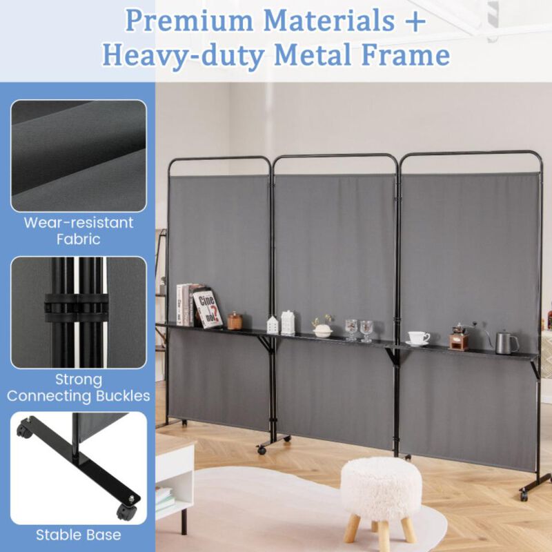 Hivvago 3-Panel Folding Room Divider with 3 Metal Shelves and Lockable Wheels