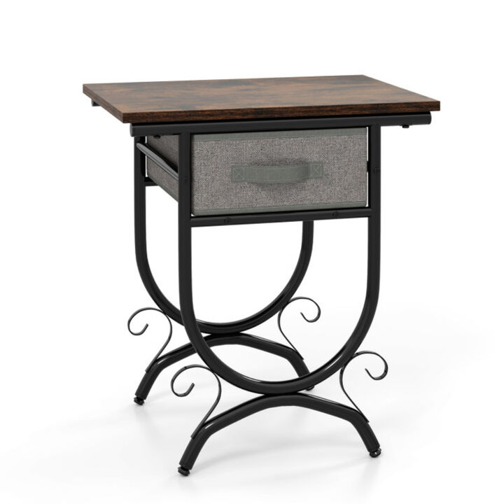 Side Table with Carved Metal Frame and Fabric Drawer for Stylish Living Room Storage
