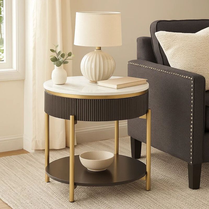 Ville 23 Inch Round Side End Table, White Faux Marble Top Brown Reeded Edge