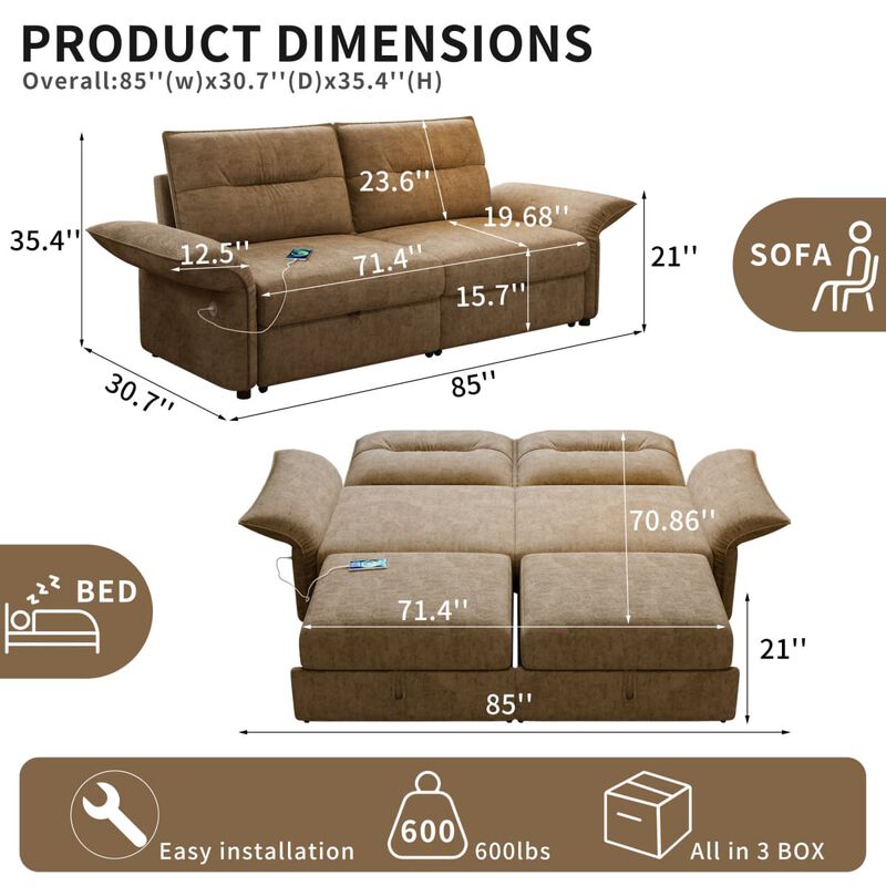Convertible sleeper sofa bed, Plush fabric pull out futon with USB charging ports, 85 inch sofa bed for small spaces image number 2