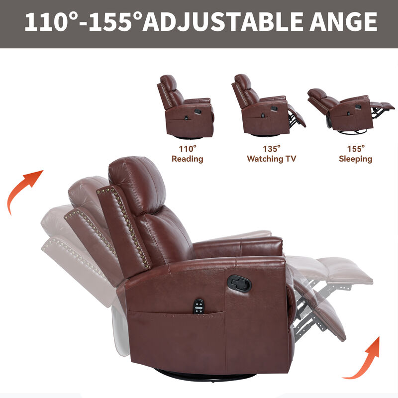 Gnuine Leather Heat Massage Manual Recliner Chair with Rocker and Swivel image number 7