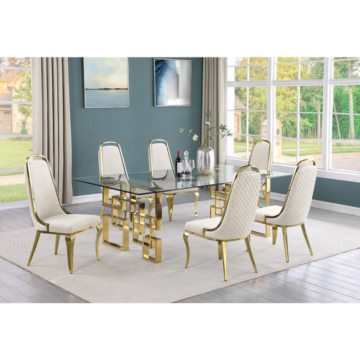 7-piece glam dining set with 6 Cream side chairs and one 95" glass dining table