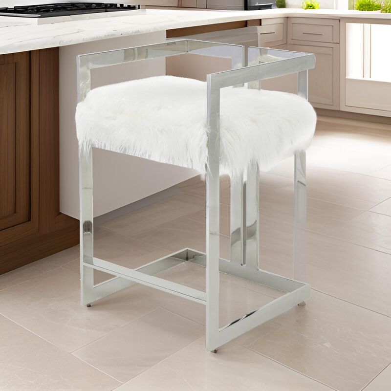 Suki 26 Inch Counter Stool Chair, White Faux Fur, Silver Stainless Steel - Benzara