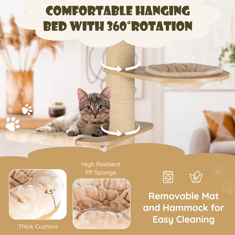 Modern Tall Cat Tree Tower with Scratch Posts and Washable Mats-Beige image number 6