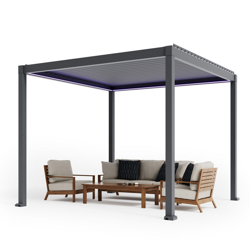 Mondawe 10x10FT Electric Aluminum Louver Pergola with Integrated LED Lights and Smart Solar Rain Sensor - Gray image number 0