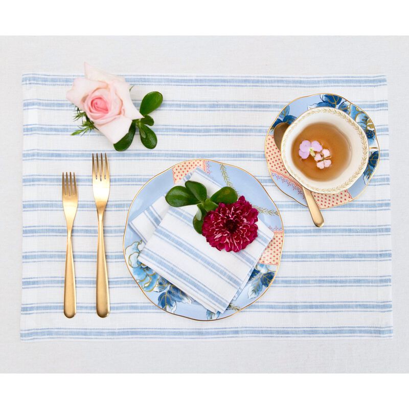 Solino Home Capri Ticking Stripe 100% Linen Placemats &ndash; Set of 4, 14 x 19 in, Machine Washable, Holiday and Everyday Dining