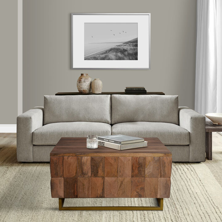33 Inch Lift Top Storage Trunk Coffee Table, Square, Mango Wood, Natural Brown-Benzara
