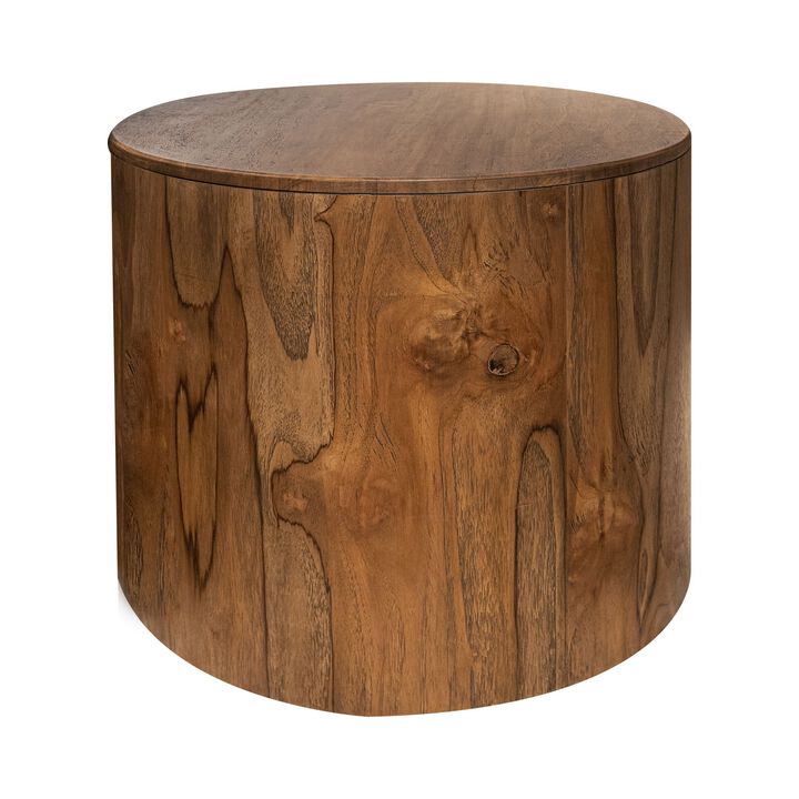 Eray Side End Table, 26 Inch Round Drum Top, Brown Solid Mango Wood