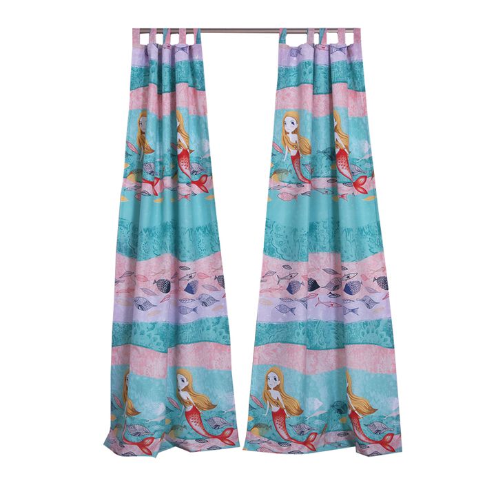 Wini 4 Piece Window Curtain Panel Set, Mermaid Design, Pink, Blue Polyester - Benzara