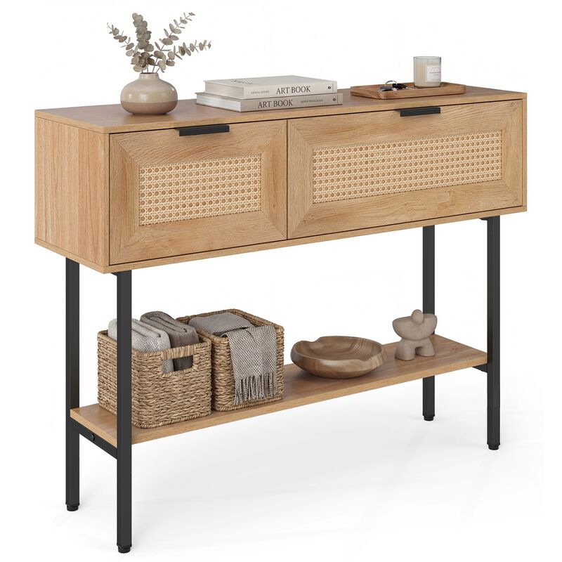 Rattan Entryway Console Table with Storage Cabinets Shelf and Metal Frame image number 3