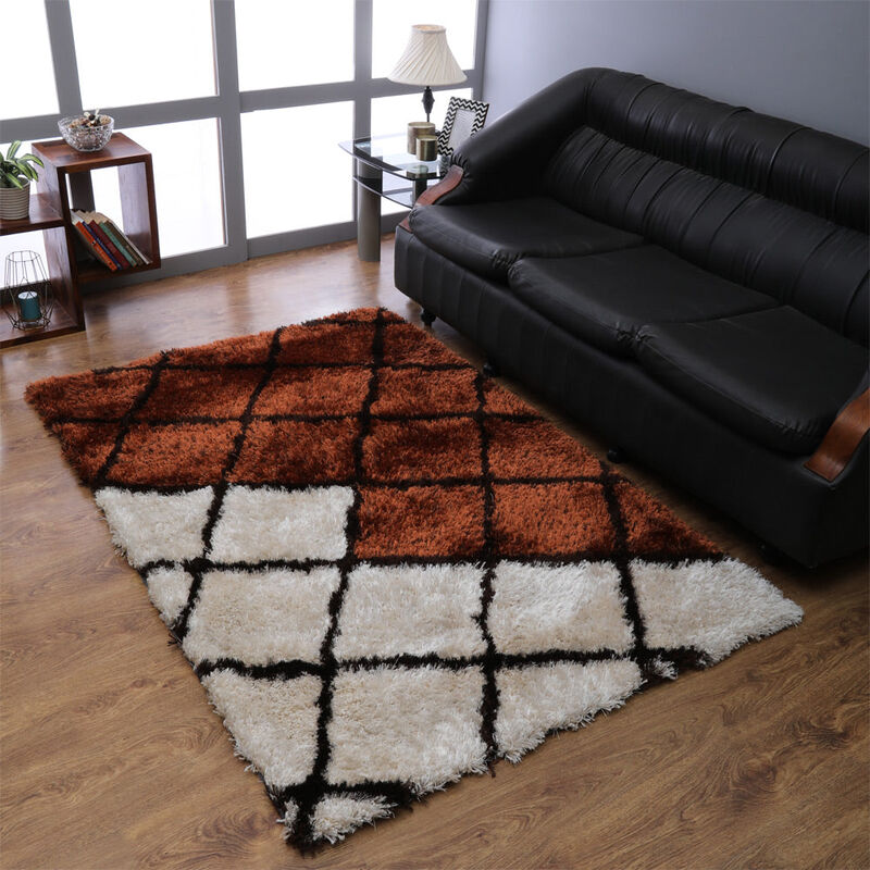 RUGSOTIC CARPETS HAND TUFTED SHAG POLYESTER ECO-FRIENDLY AREA RUGS  - 5'x8', Rectangle, Purple Beige, Geometric Modern Design, High Pile Thick Handmade Anti Skid Rugs for Living Room K00050