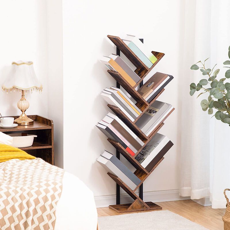Floor Standing 9 Tier Tree Bookshelf Wooden Bookcase for Home Storage-Brown image number 3