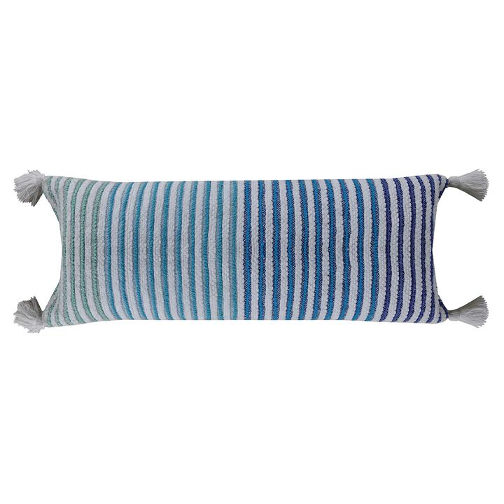 36” Blue Handloomed Striped Throw Pillow with Tassels