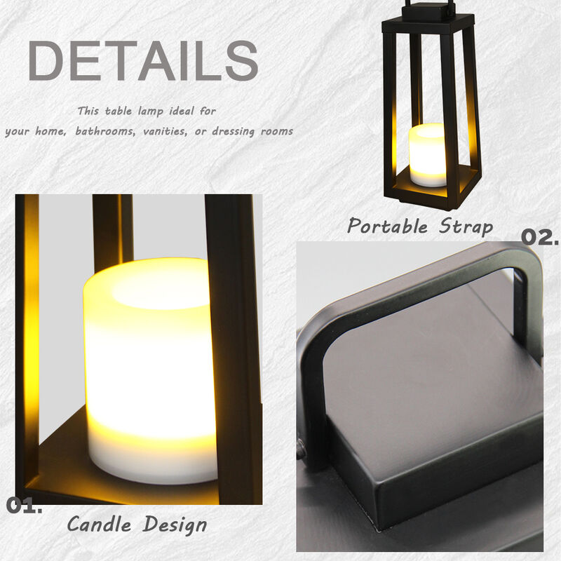 1 Light H16" Modern Matte Black Solar Lantern with Candle Shape Outdoor Light Decorative Portable Hanging LED Lights for Patio Camping image number 6