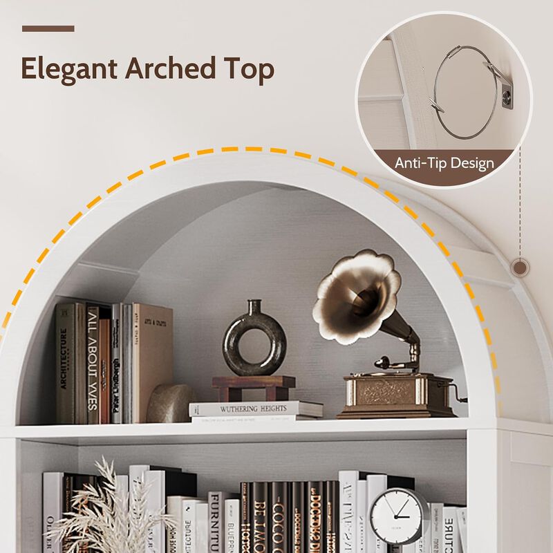6-Tier Arched Bookcase, 70" Tall Wooden Bookshelf with Door, Arched Cabinet with Open Shelves, Floor Standing Display Bookcase for Home, Office image number 4
