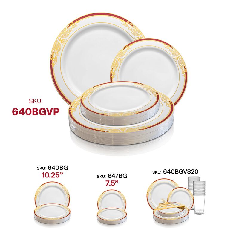 White with Burgundy and Gold Harmony Rim Plastic Dinnerware Value Set (40 Sets) image number 6