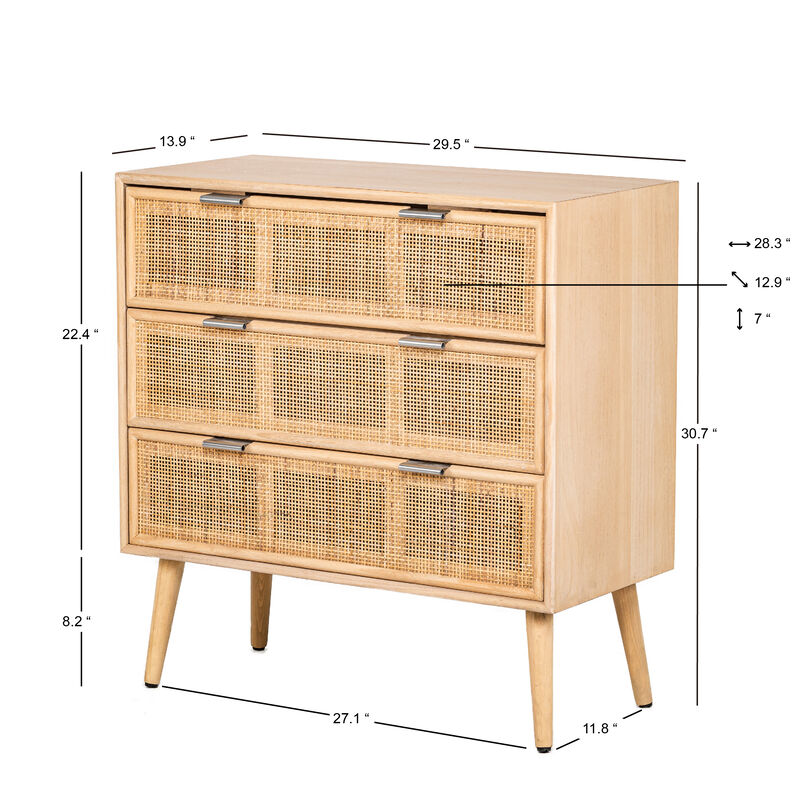 Scandinavian Bedroom Wooden Chest of Drawers with 3 Storage Drawers and Rattan Caning