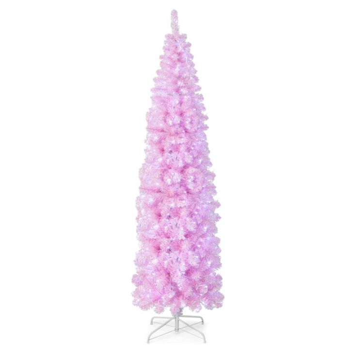 Hivvago 5/6/7 FT Pre-lit Artificial Christmas Tree with Branch Tips LED Lights Metal Stand