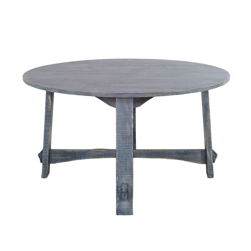 Rena Dining Table, 54 Inch Round Planked Ocean Blue Mahogany Wood