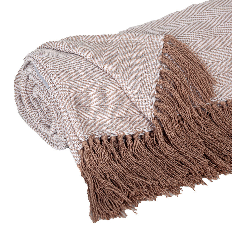 HomeRoots 50" X 60" Beige and Brown Woven Cotton Herringbone Throw Blanket with Fringe image number 3