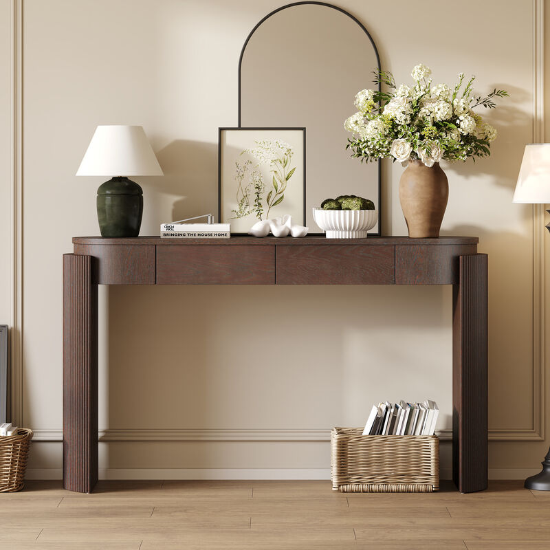 Merax Entryway Table with Natural Wood Grain Finish, Console Table with Fluted Design, Oval Top and 2 Drawers