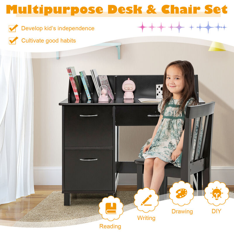 Multi-Functional Wooden Kids Desk Set with Drawer and Storage